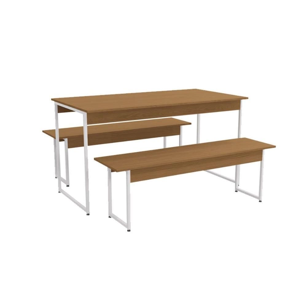Mesa p/ Cozinha Industrial LI013 c/ Tampo Madeirado 136x72cm c/ 2 Bancos Canela/Branco - Kappesberg