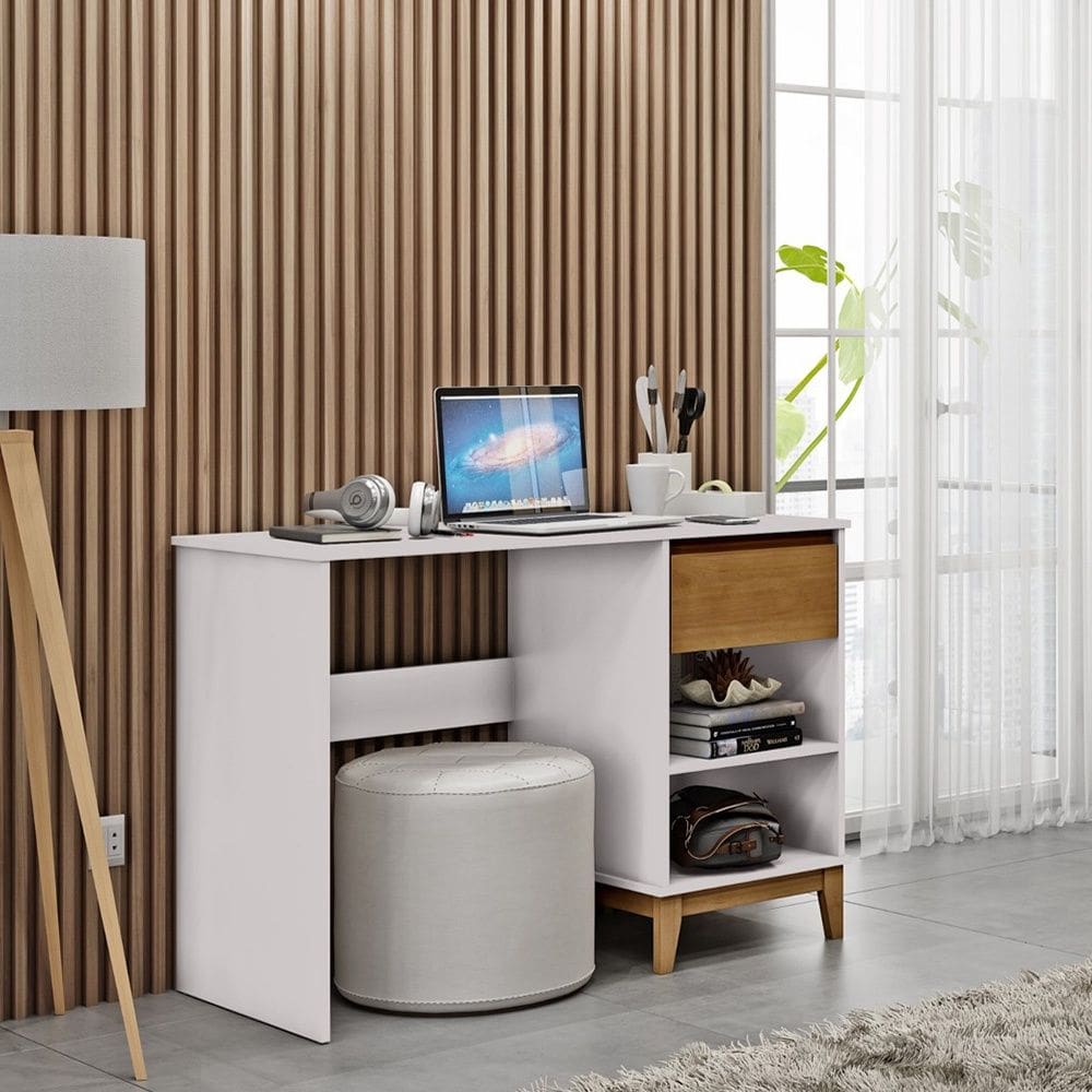Mesa Escrivaninha 1 Gaveta Linha Prata Madeira Maciça e MDF 2806BFN Off White Freijó Finestra