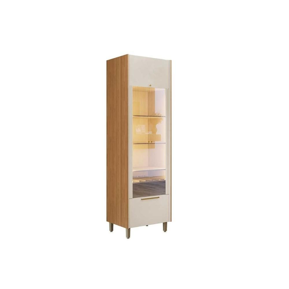 Cristaleira de Cozinha Atena c/ 2 Portas Reflecta 1 Gaveta e c/ LED 70cm Jequitiba/Off White Fosco - Linea Brasil