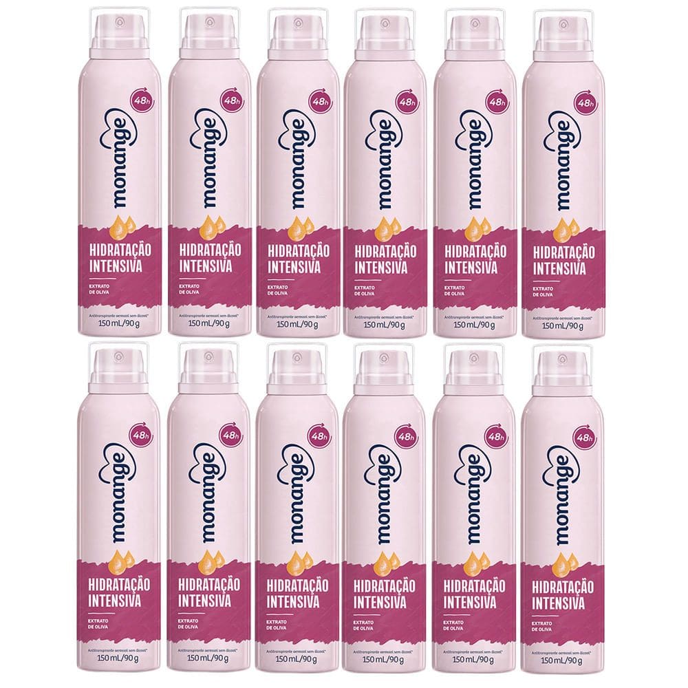 Kit 12 Desodorante Monange Hidratação Intensiva Extrato de Oliva Aerosol 48h 150ml cada