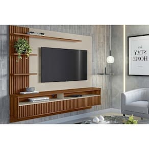 Painel Quarto p/ TV até 65 Pol Araruna c/ 2 Porta e 3 Prateleiras 200x170cm Freijó/Off White - Linea Brasil