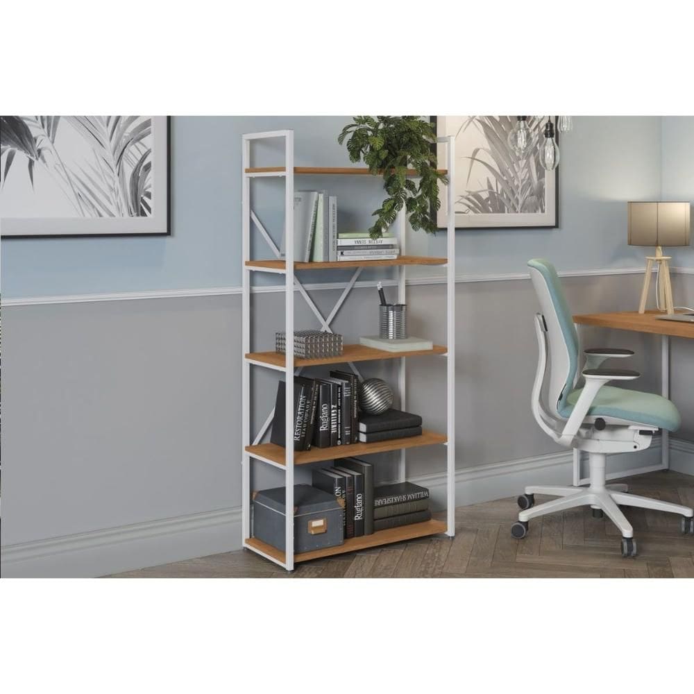 Estante Livreiro Solteiro Industrial Alta LI006 Aço c/ 5 Prateleiras 72x152cm Canela/Branco - Kappesberg