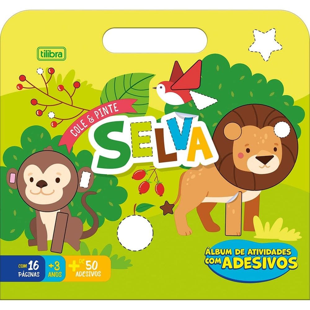 Livro Cartilha de Atividades Selva Animais Cole e Pinte c/ Adesivos 16 Páginas - Tilibra