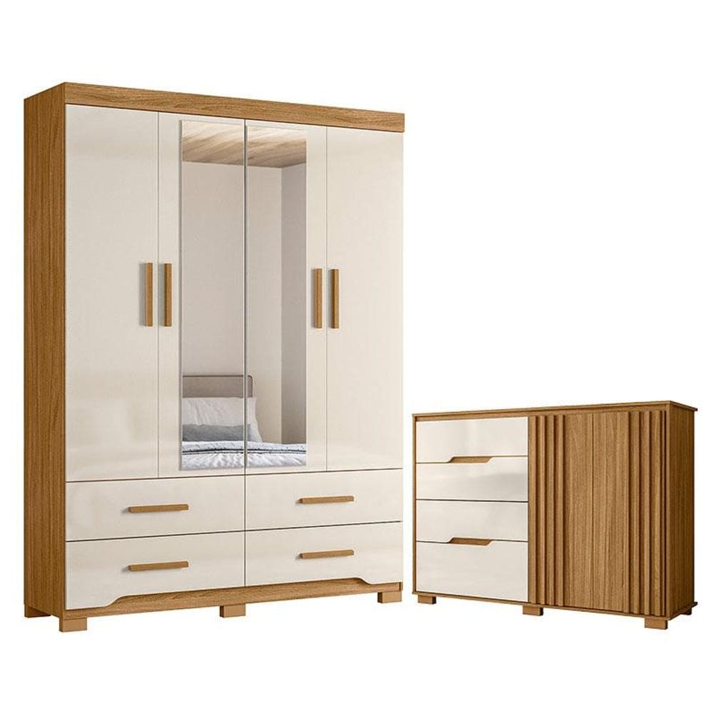 Guarda Roupa Solteiro Miami e Cômoda Texas Freijó Off White - Moval