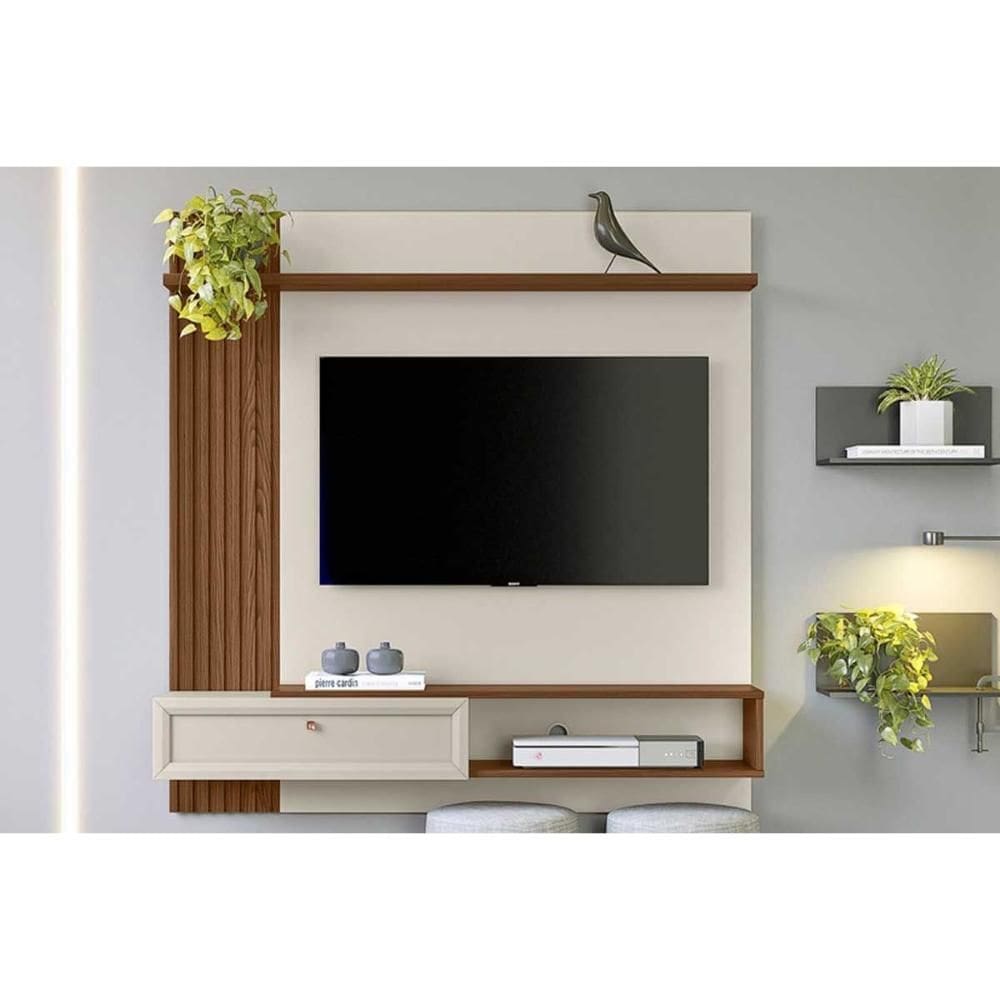 Painel Quarto p/ TV até 55 Pol Alvorada c/ 1 Porta e 1 Prateleira 200x130cm Freijó/Off White - Linea Brasil