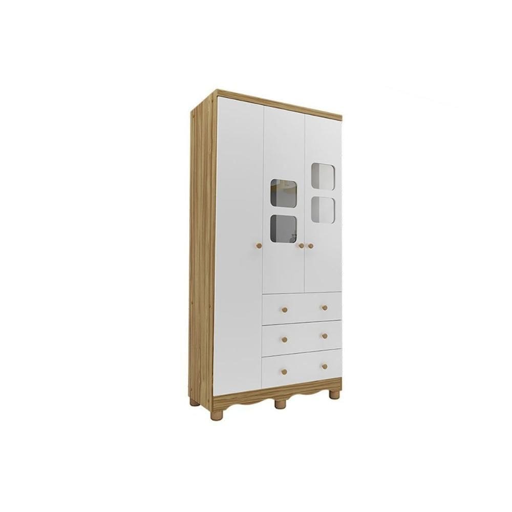 Guarda Roupa 3 Portas c/ (2 Cristal) e 3 Gavetas Uli Branco/Amendoa - Peroba