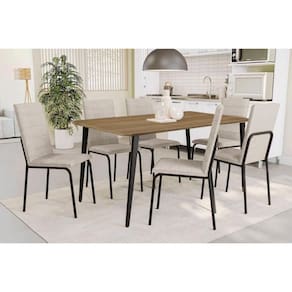 Conjunto: Mesa de Cozinha Iguaçu c/ Tampo de Madeira 1.36cm e 6 Cadeiras Amsterdã Preto Fosco/Courano Branco - Kappesberg