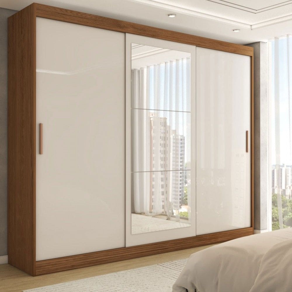 Guarda-Roupa Casal Harvard 3 Portas 2 Gavetas com Espelho 100% Mdf Off White/Nogueira - Panorama Móveis