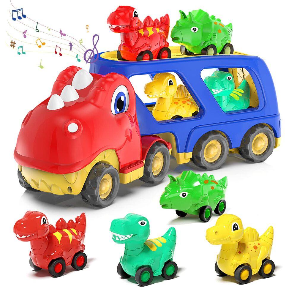 Caminhão de transporte de carros de brinquedo Veslier Dinosaur com 4 carros de tração