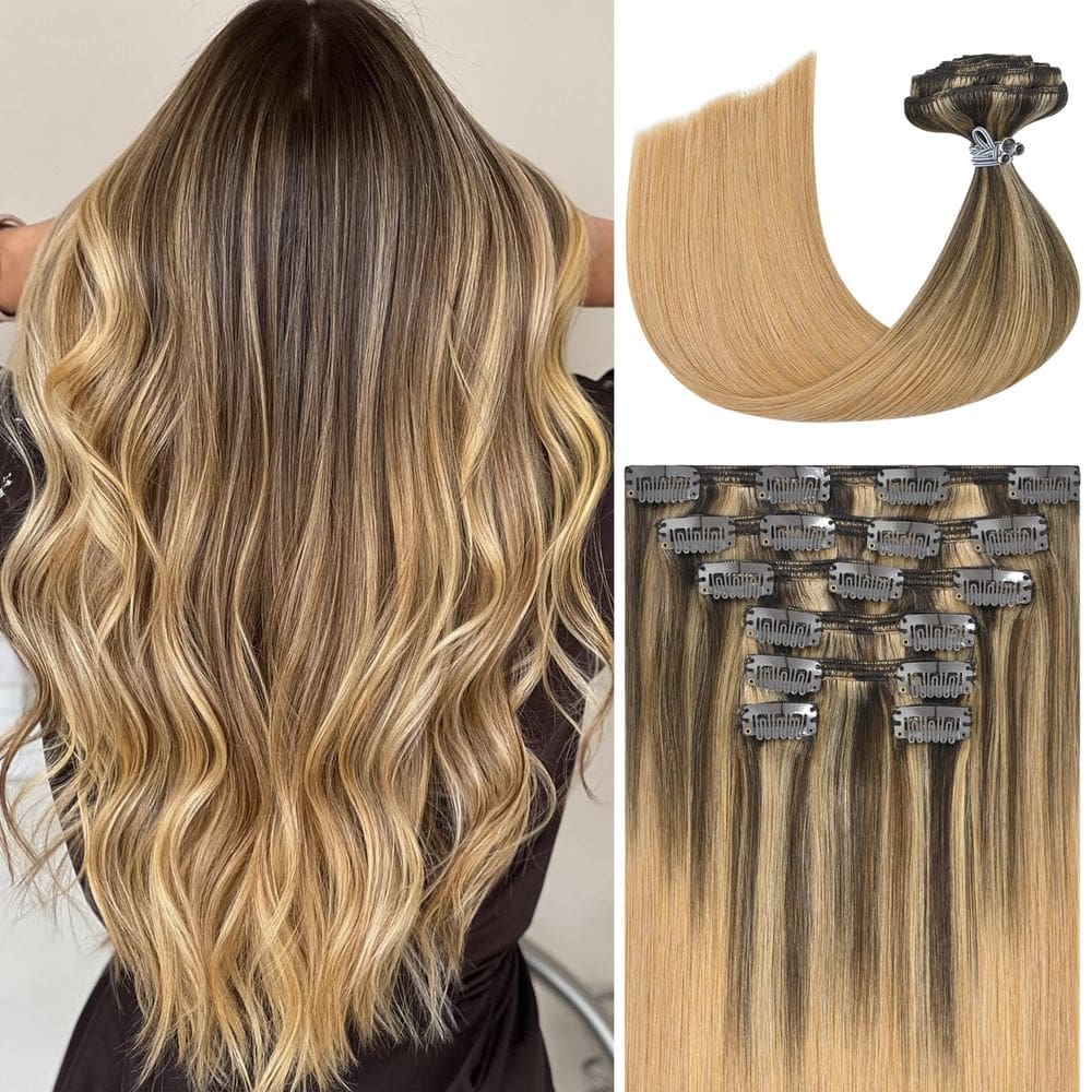 Extensões de cabelo: clipe Ukira Balayage em 35 cm, 120 g, 7 peças de cabelo Remy