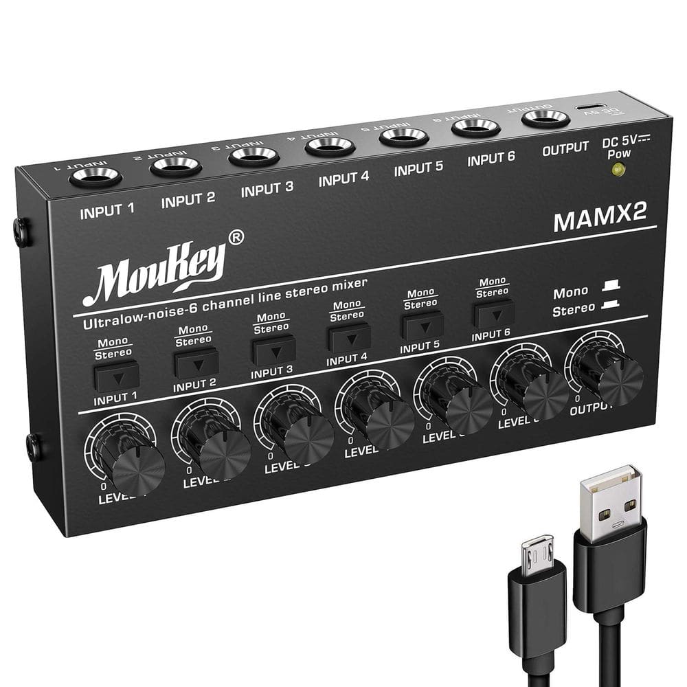 Mixer de áudio Moukey MAMX2 Misturador de linha estéreo de 6 canais DC 5V