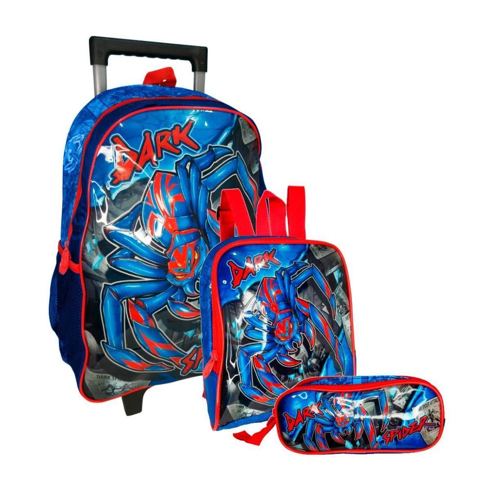 Mochila Rodas Dark Spider+ Lancheira+ Estojo Azul E Vermelho
