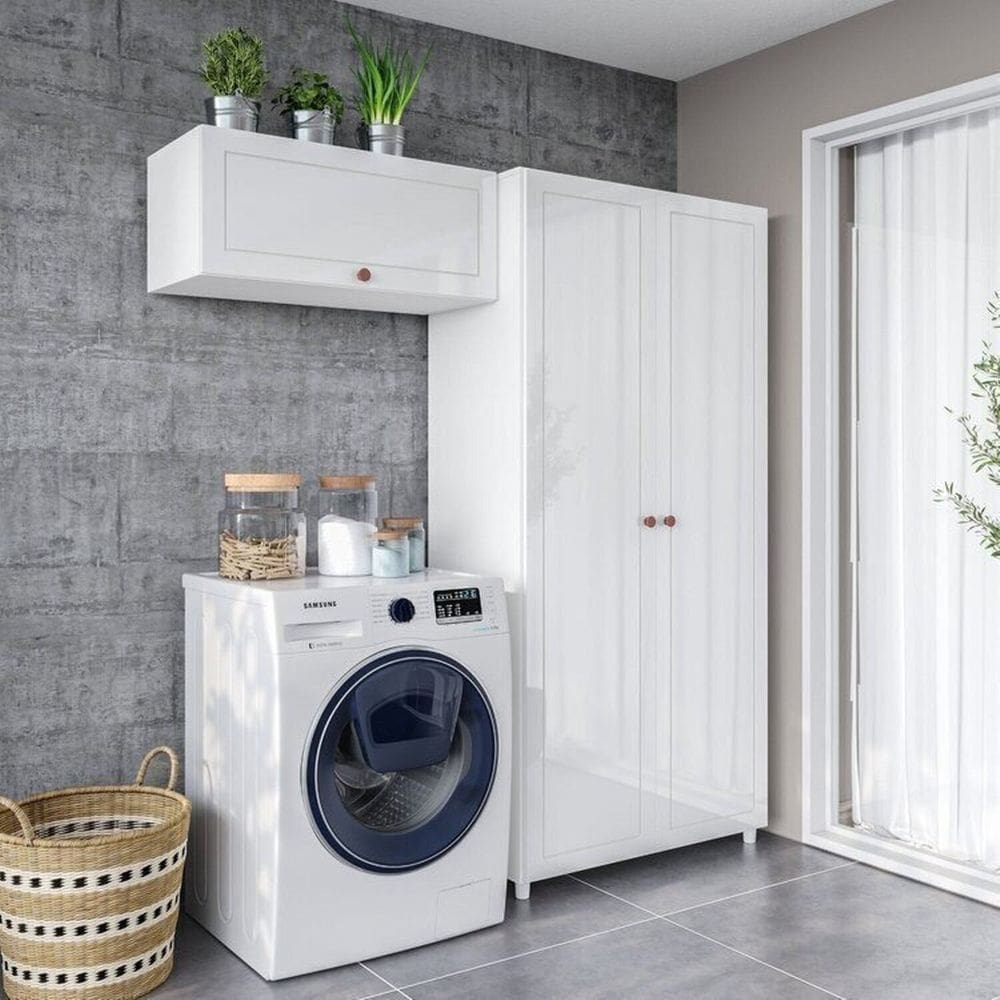 Conjunto 1 Armário 2 Portas Multiuso e 1 Armário Aéreo Basculante Pérola Yescasa Branco