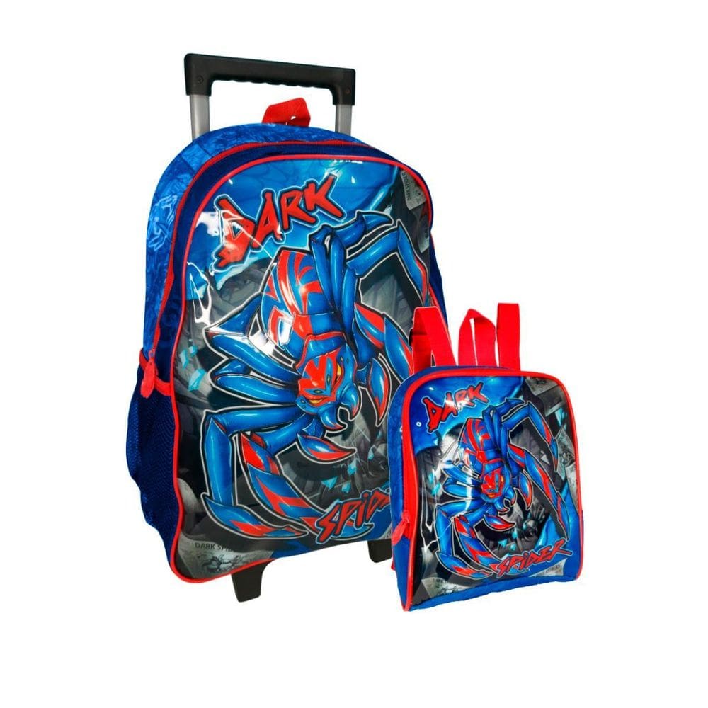 Mochila De Rodinhas Dark Spider + Lancheira Azul E Vermelho