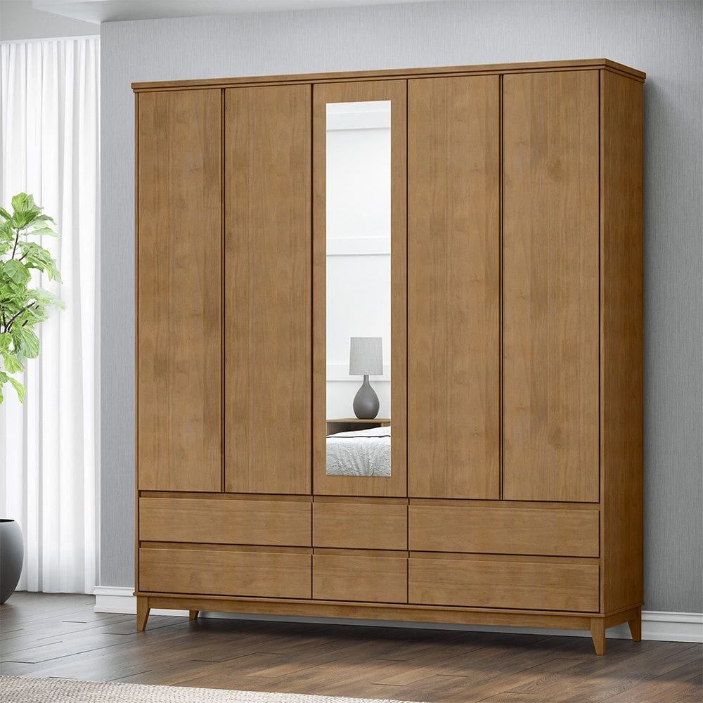 Guarda Roupa Roupeiro 5 Portas 6 Gavetas Linha Prata Madeira Maciça e MDF 2814FN Freijó Finestra