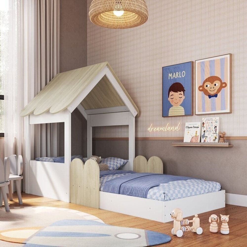 Cama Montessoriana Casinha com Colchão Incluso Branco/Carvalho Araguaia