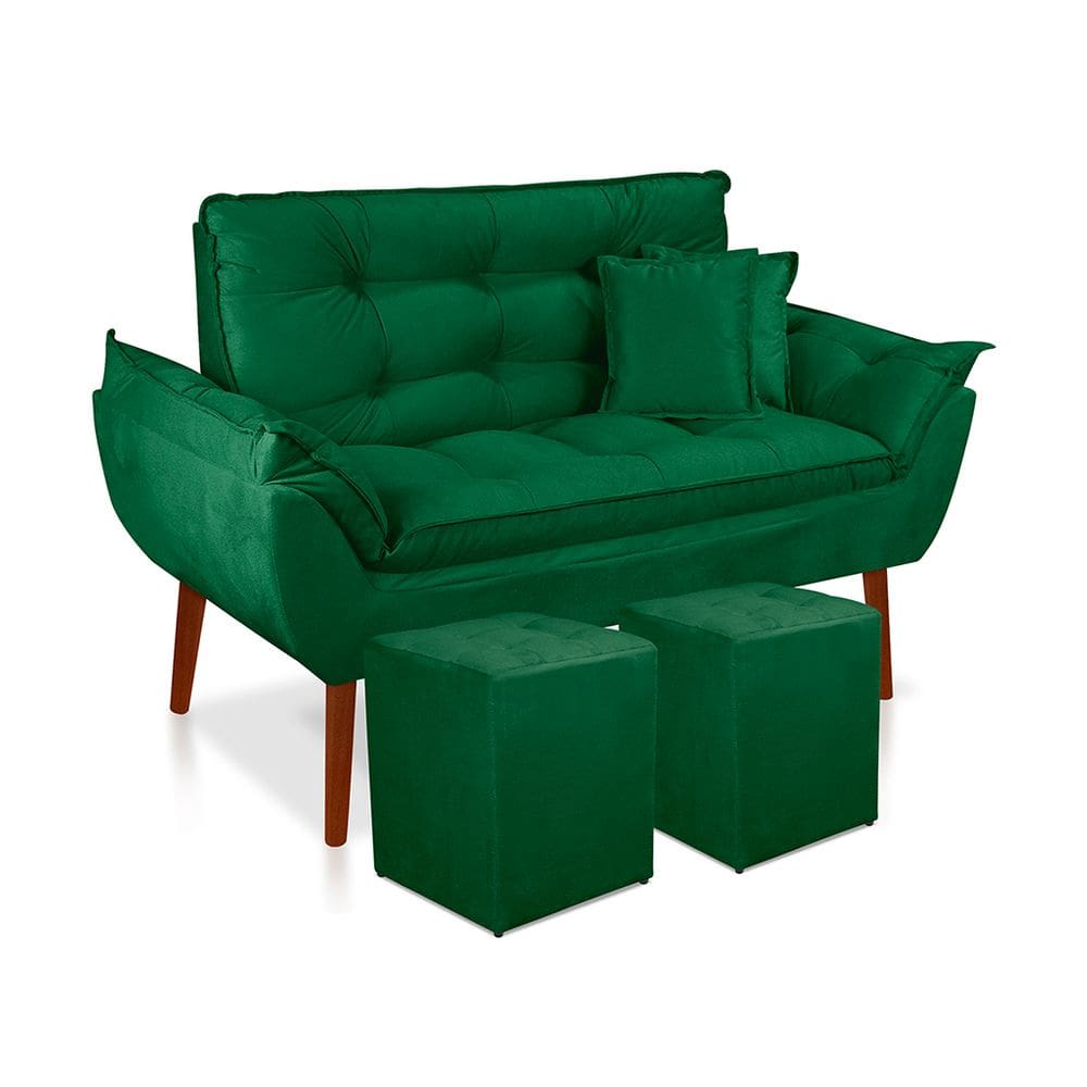 Kit 01 Namoradeira Opala 02 lugares + 02 Puff quadrado + 02 Almofadas Suede Sala, Salão, recepção, quarto Suede verde