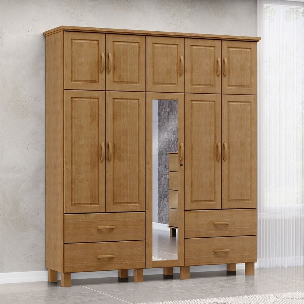 Guarda Roupa Bipartido 10 Portas 4 Gavetas com Espelho Linha Bronze Madeira Maciça 1145FN Freijó Finestra