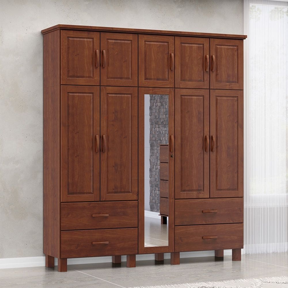 Guarda Roupa Bipartido 10 Portas 4 Gavetas com Espelho Linha Bronze Madeira Maciça 1145TN Imbuia Finestra