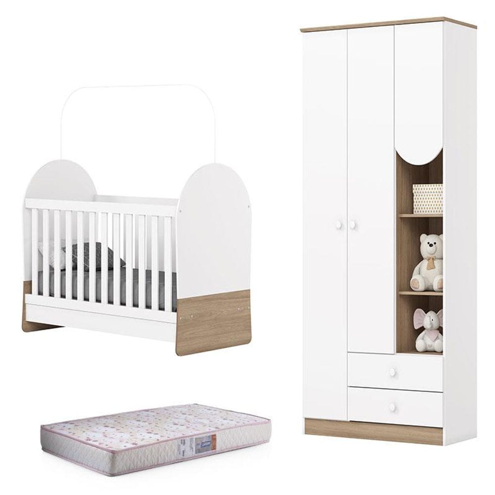 Guarda Roupa 3 Portas e Berço Mini Cama Magia Branco Jequitibá HP com Colchão 130x60 Gazin - Henn