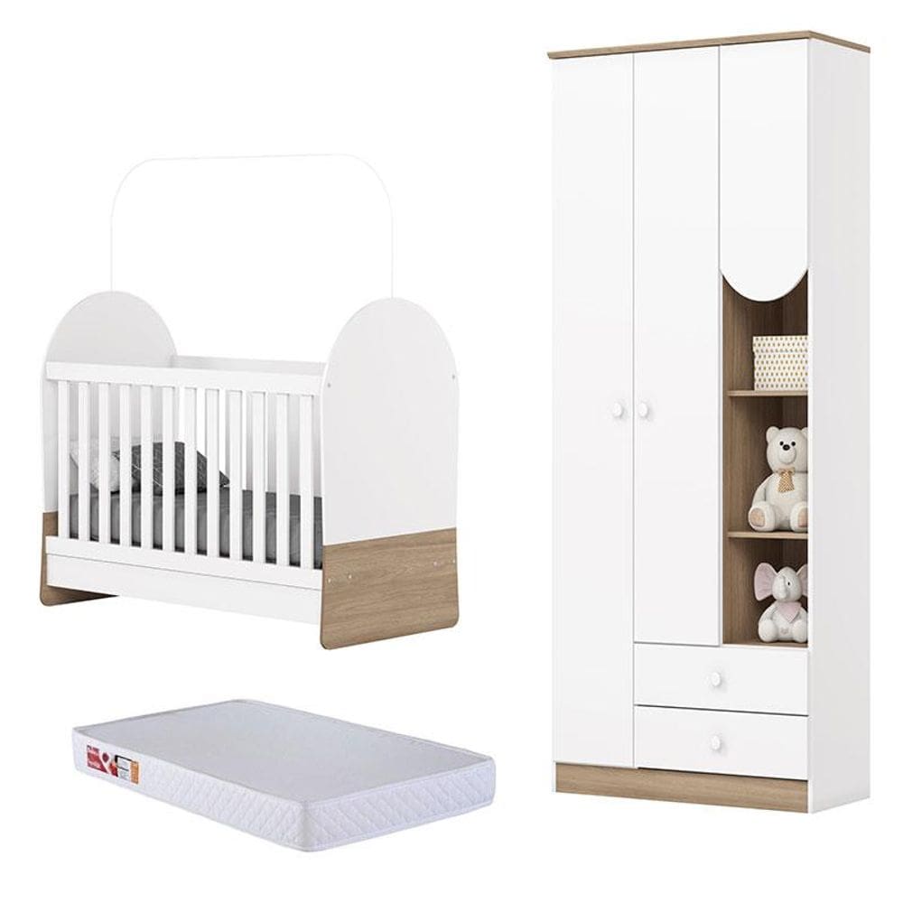 Guarda Roupa 3 Portas e Berço Mini Cama Magia Branco Jequitibá HP com Colchão 130x60 Prorelax - Henn
