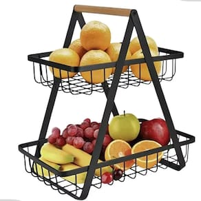 Fruteira Cesto Organizador Duplo Aramado Mesa Prateleira Fruta Legumes Cozinha Escritorio Bancada Estante Armario Multiuso Moderno