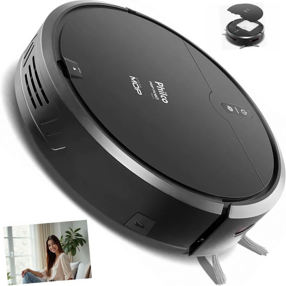 Aspirador Robô Philco 3 em 1 MOP PAS23 Preto 35W Limpeza Automática Inteligente 400ml Canto Espiral Pet