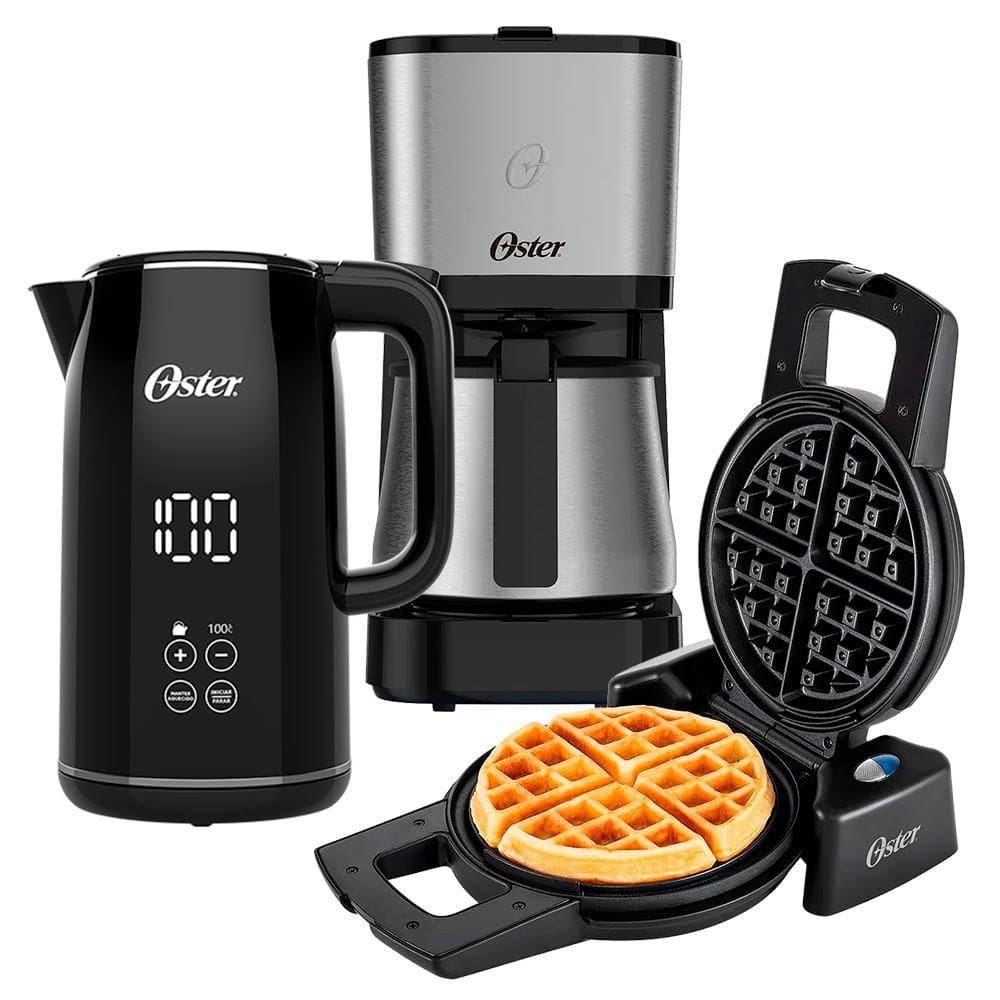 Kit Black Inox Oster - Cafeteira Chaleira Digital E Máquina De Waffle 220V