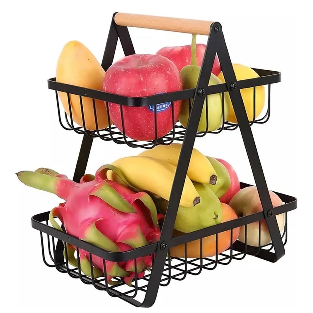 Fruteira Cesto Organizador Duplo Aramado Fruta Legumes Utensilios Mesa Cozinha Bancada Escritorio Moderno Multiuso