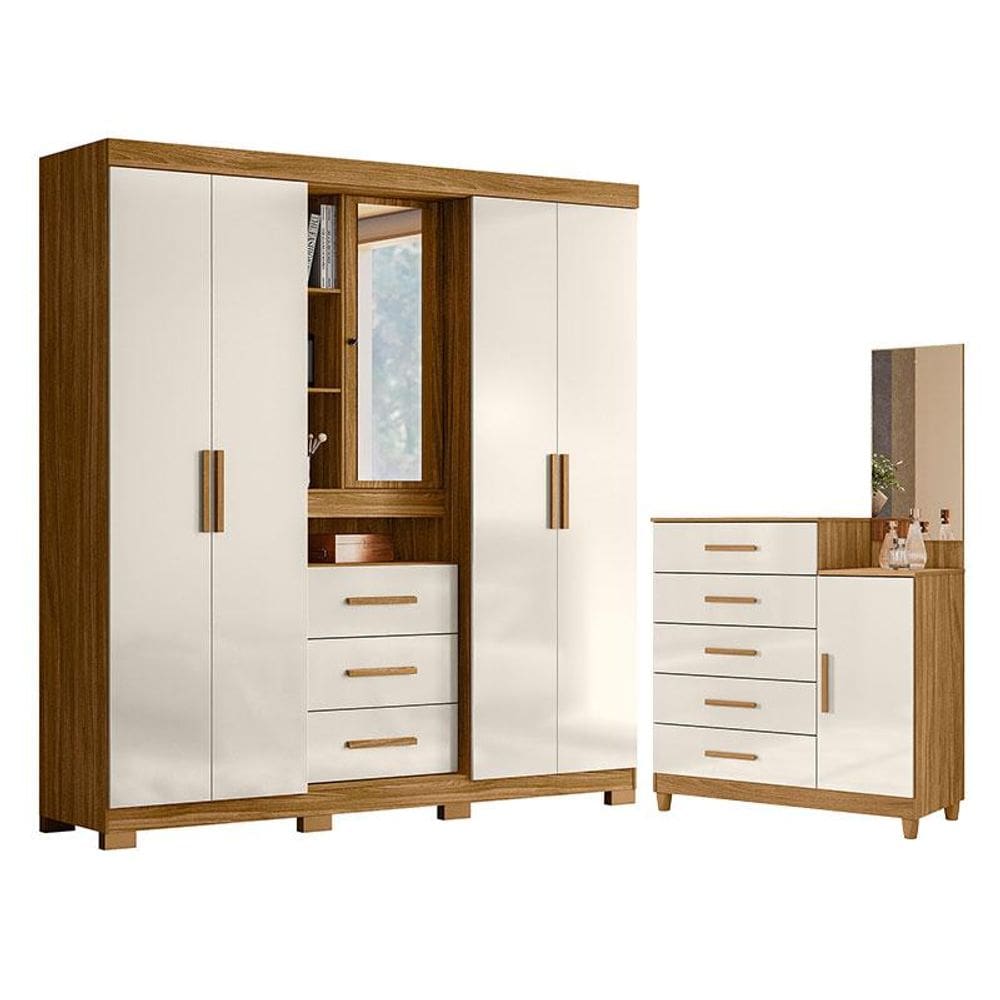 Guarda Roupa Solteiro Eldorado e Cômoda Lisboa Freijó Off White - Moval