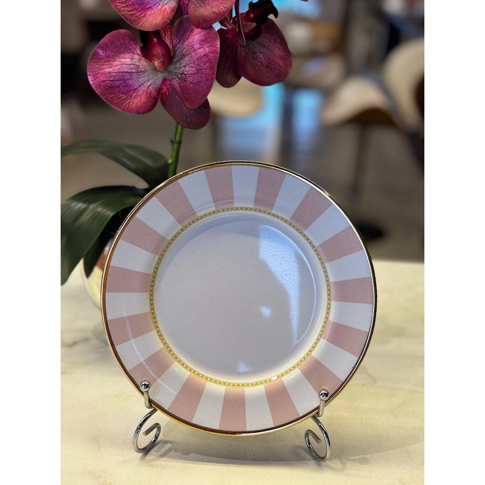 Unidade Prato Sobremesa Pink Strip 20cm Borda Dourada Alleanza
