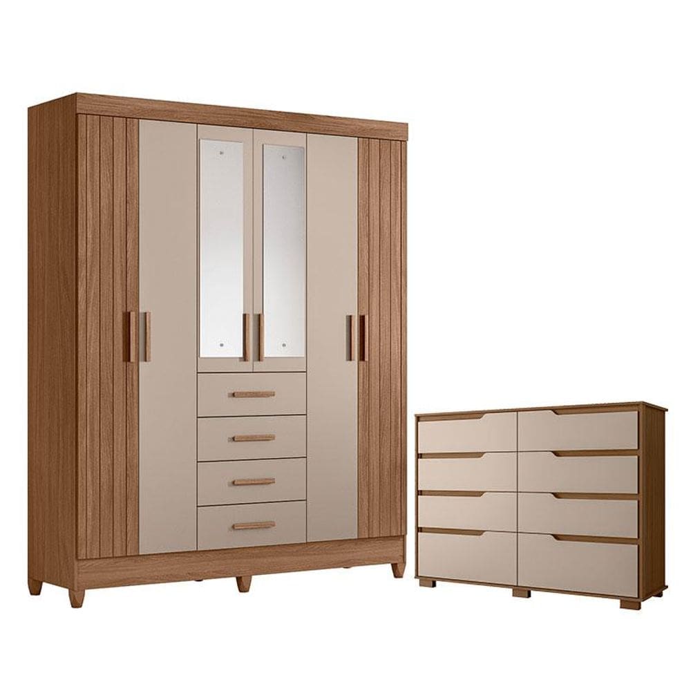 Guarda Roupa Solteiro Aruba com espelho e Cômoda Georgia Carvalho Fendi – Moval