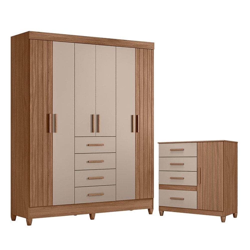 Guarda Roupa Solteiro Aruba e Cômoda Vênus com Pés Carvalho Fendi – Moval