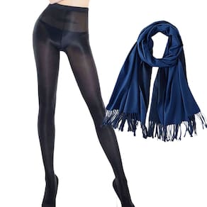 Kit Meia Calça 70D Anticelulite Brilhante Cintura Alta Preta 44/46 + Lenço Pashmina Azul Marinho Grosso = 2 Produtos