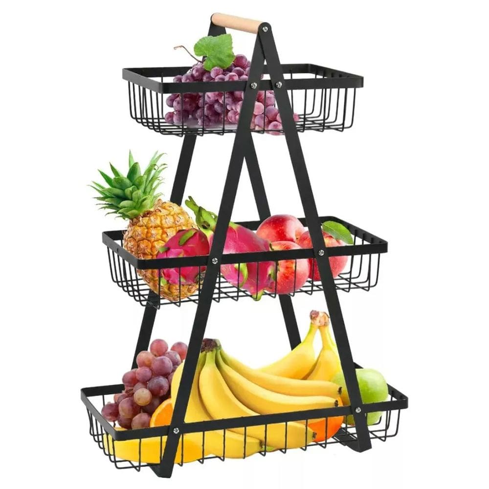 Fruteira Cesto Organizador Triplo Aramado Fruta Legumes Cozinha Mesa Bancada Prateleira Escritorio Armario Moderno Multiuso Resistente