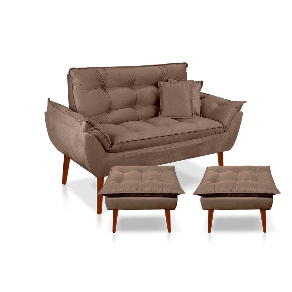 Kit 01 Namoradeira Opala 2 lugares   02 Puff  Opala  02 Almofadas Suede Capuccino Para Sala, Salão, recepção, quarto