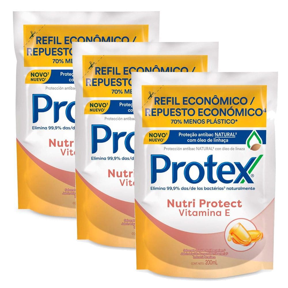 Kit 3 Sabonete Líquido Protex Vitamina E Refil com 200ml