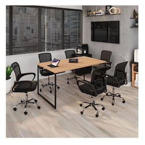 Kit 7 Peças com Uma Mesa de Reunião e 6 Cadeiras de Escritório Tela Mesh Espresso Móveis Marrom/Preto