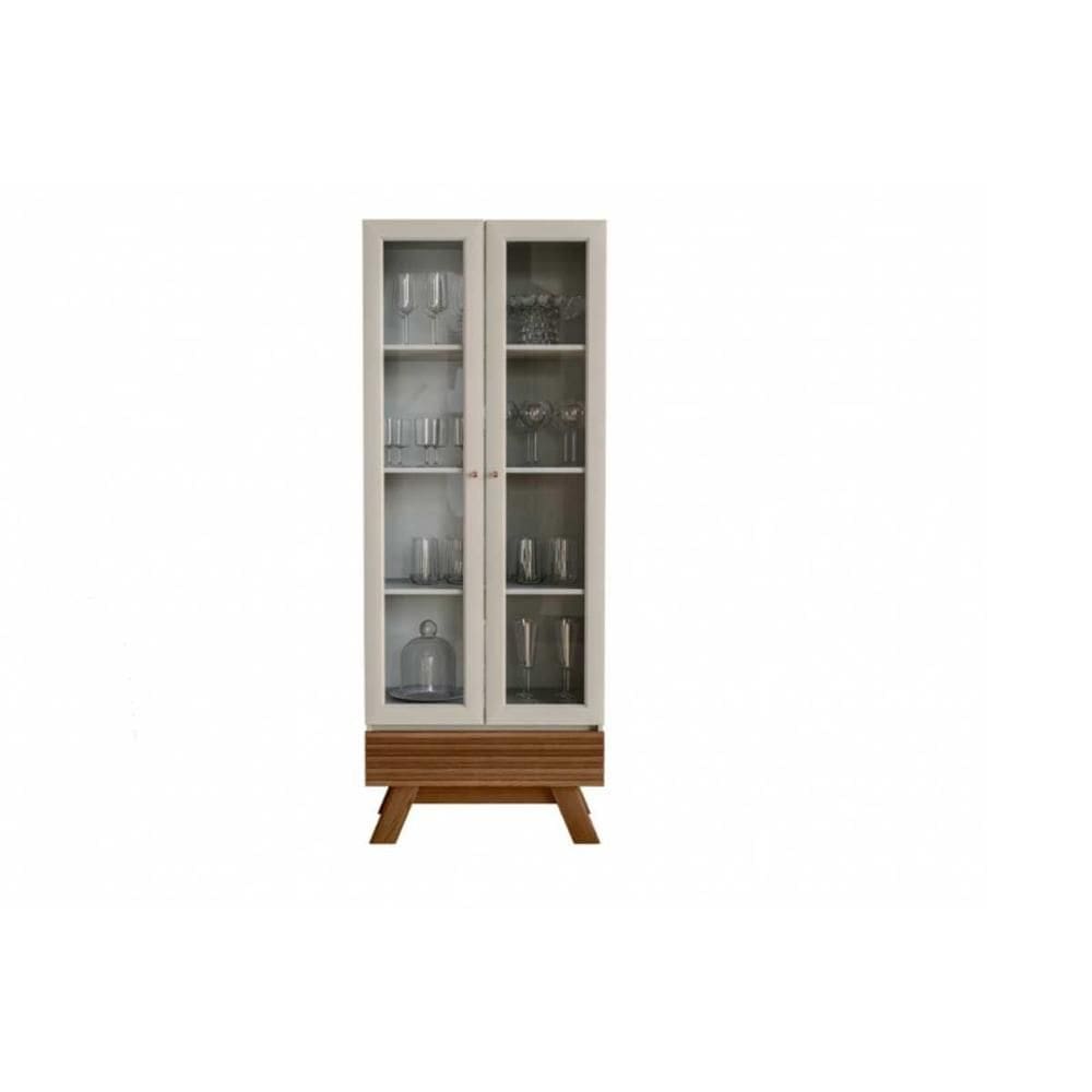Cristaleira Sala Jantar Marsala c/ 2 Portas c/ Vídro e 1 Gaveta 70cm Freijó/Off White - Linea Brasil