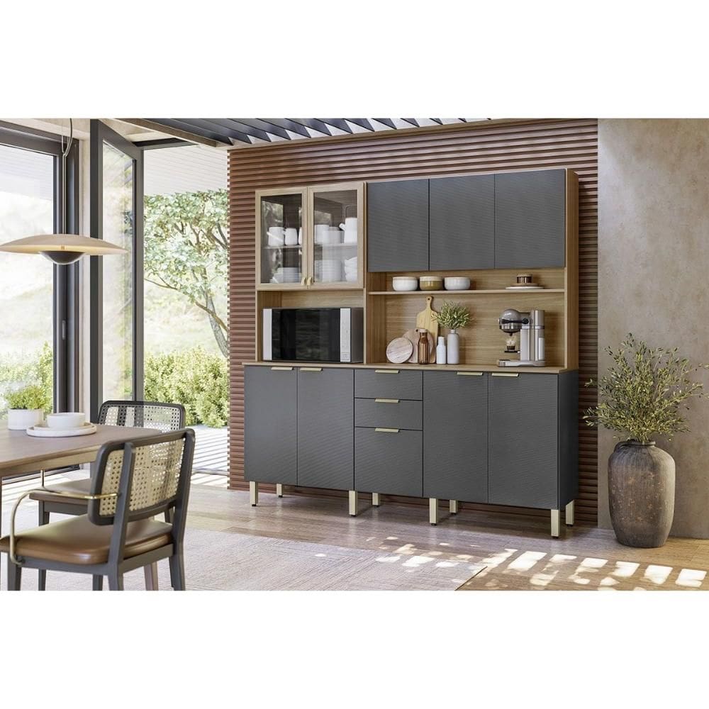 Kit de Cozinha Compacta Amora c/ 10 Portas e 2 Gavetas 198cm Amendola/Grafito Prime TX - Demóbile