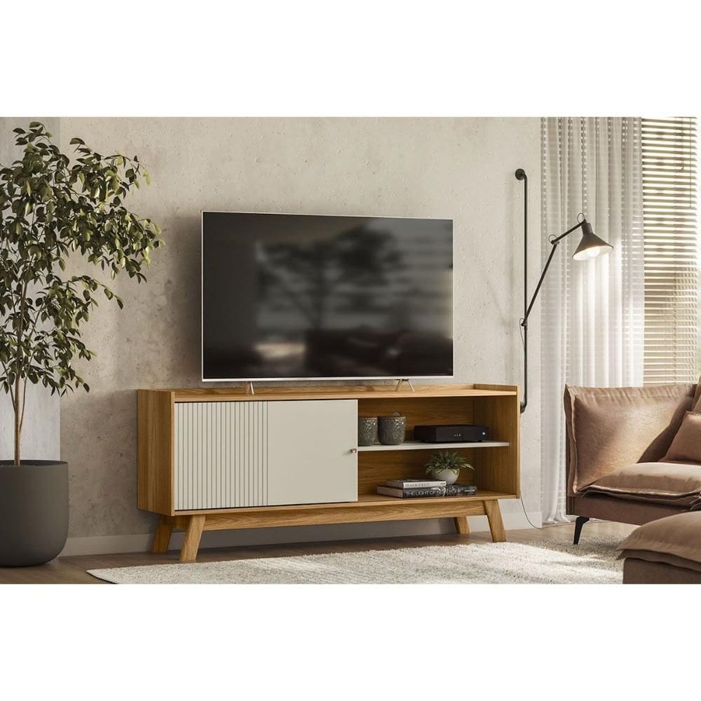 Rack Bancada p/ TV até 65 Pol Aurum c/ 1 Porta e 1 Prateleira 160cm Nature/Off White - Linea Brasil
