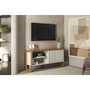Rack Bancada p/ TV até 55 Pol Gold c/ 1 Porta 1 Prateleira e 2 Nichos 136cm Nature/Off White - Linea Brasil