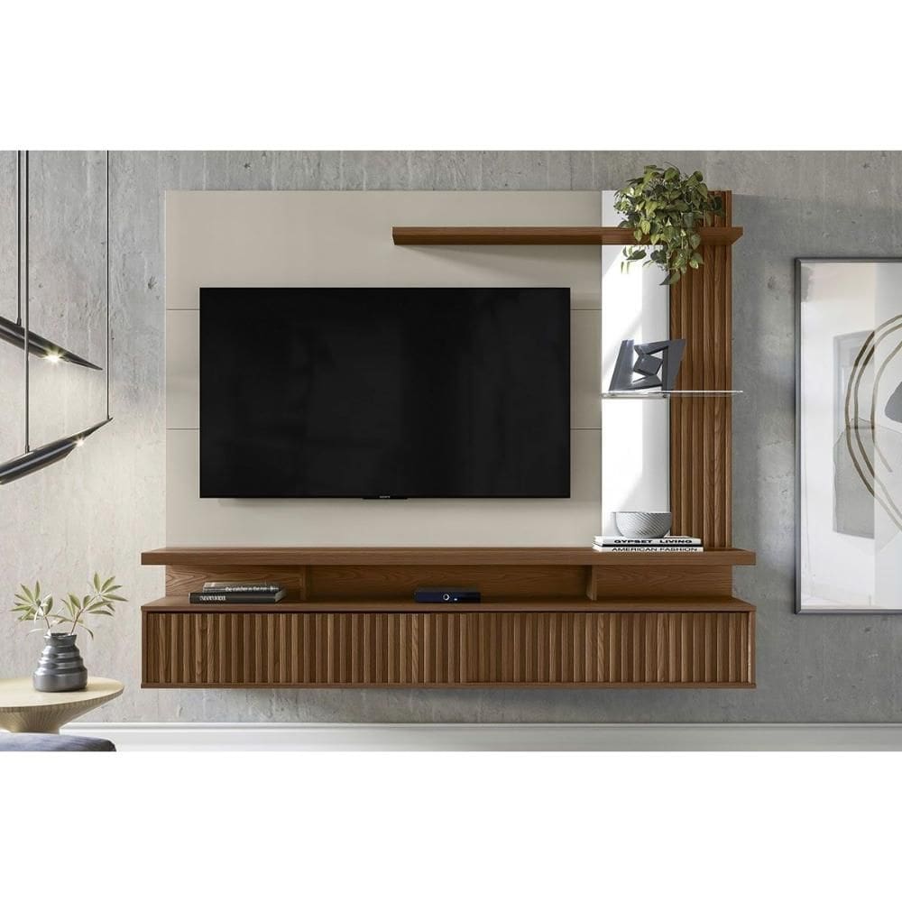 Painel Home p/ TV até 60 Pol Maragogi c/ 2 Porta e 2 Prateleiras 182x154cm Freijó/Off White - Linea Brasil