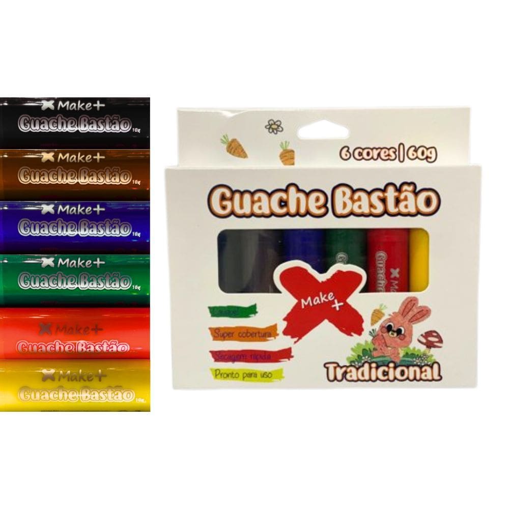 Tinta Guache em Bastão 6 Cores 10g cada Secagem Rápida Pronto para Uso - Make+ | Papelaria | Colorir | Pintura | Tintas