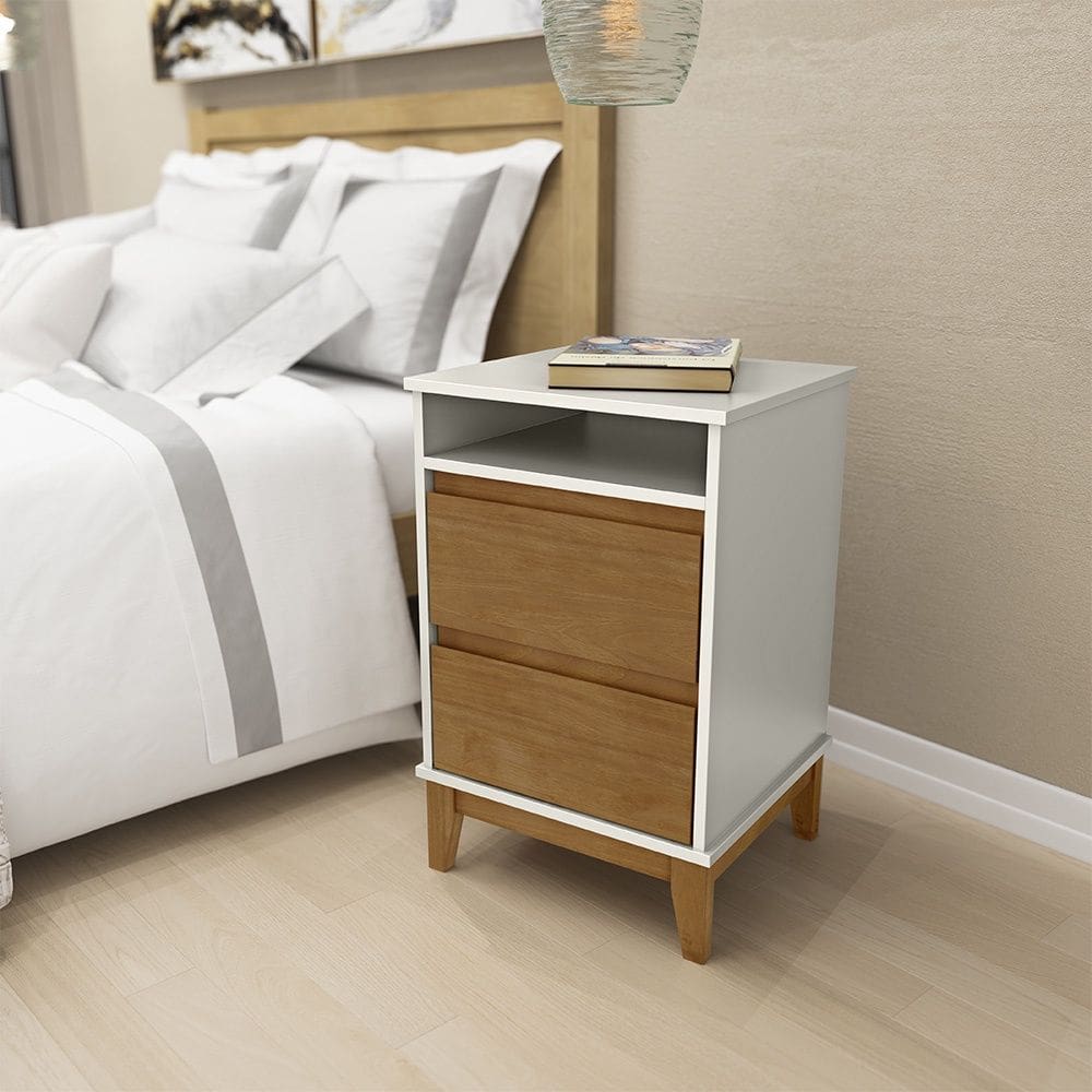 Mesa de Cabeceira 2 Gavetas com Nicho Linha Prata Madeira Maciça e MDF 2800BFN Off White Freijó Finestra