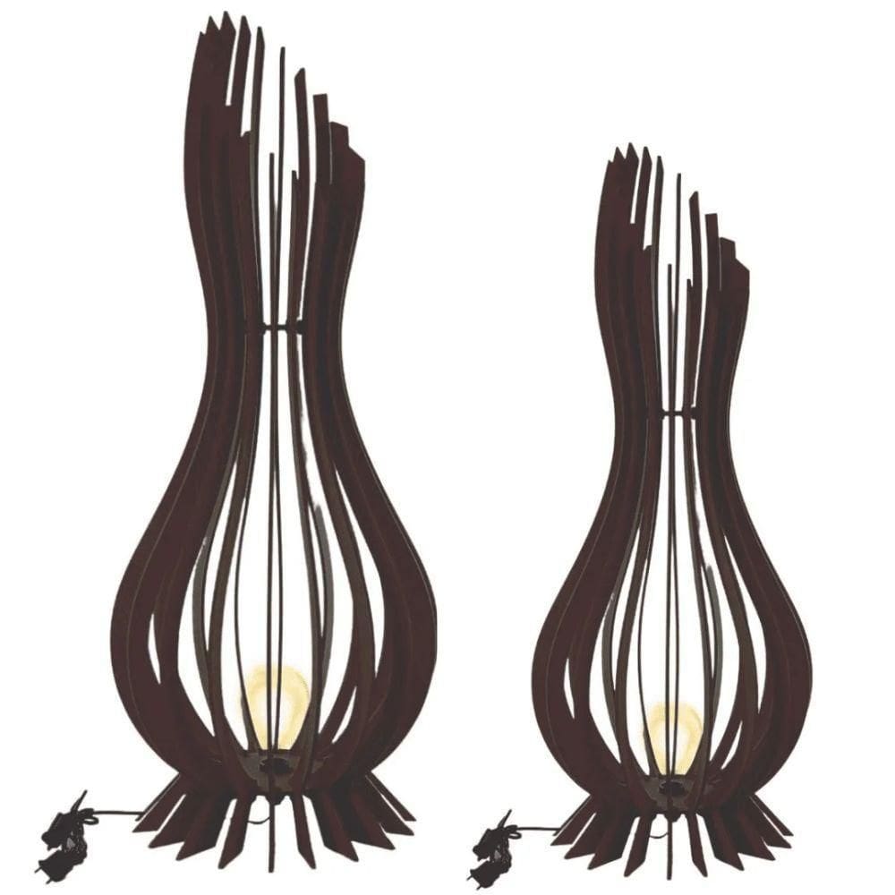 Abajur Grande De Chão Ana Maria Mdf Luminária - Marrom Kit Com 2 - 90x28cm E 60x18cm