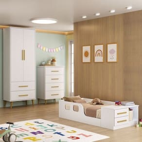 Quarto Infantil Completo Guarda-Roupa 2 Portas 2 Gavetas com Cômoda e Cama Magia Espresso Móveis Branco