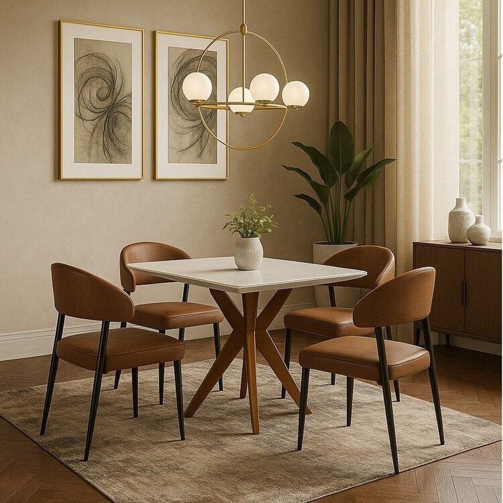 Conjunto Sala de Jantar com Tampo de Vidro Donna 4 Cadeiras Bless Courino Mel Natural/Off White/Whiskey
