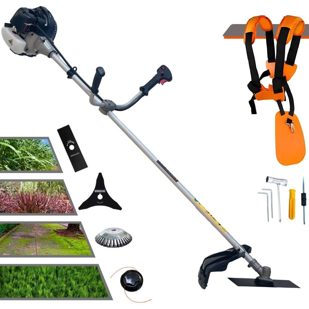 Roçadeira Multifunções Anmax CG430B À Gasolina 43cc 1,7HP 4 Opções de Corte Com Lâmina Facão, Lâmina 3 Pontas, Escova de Aço e Carretel de Nylon