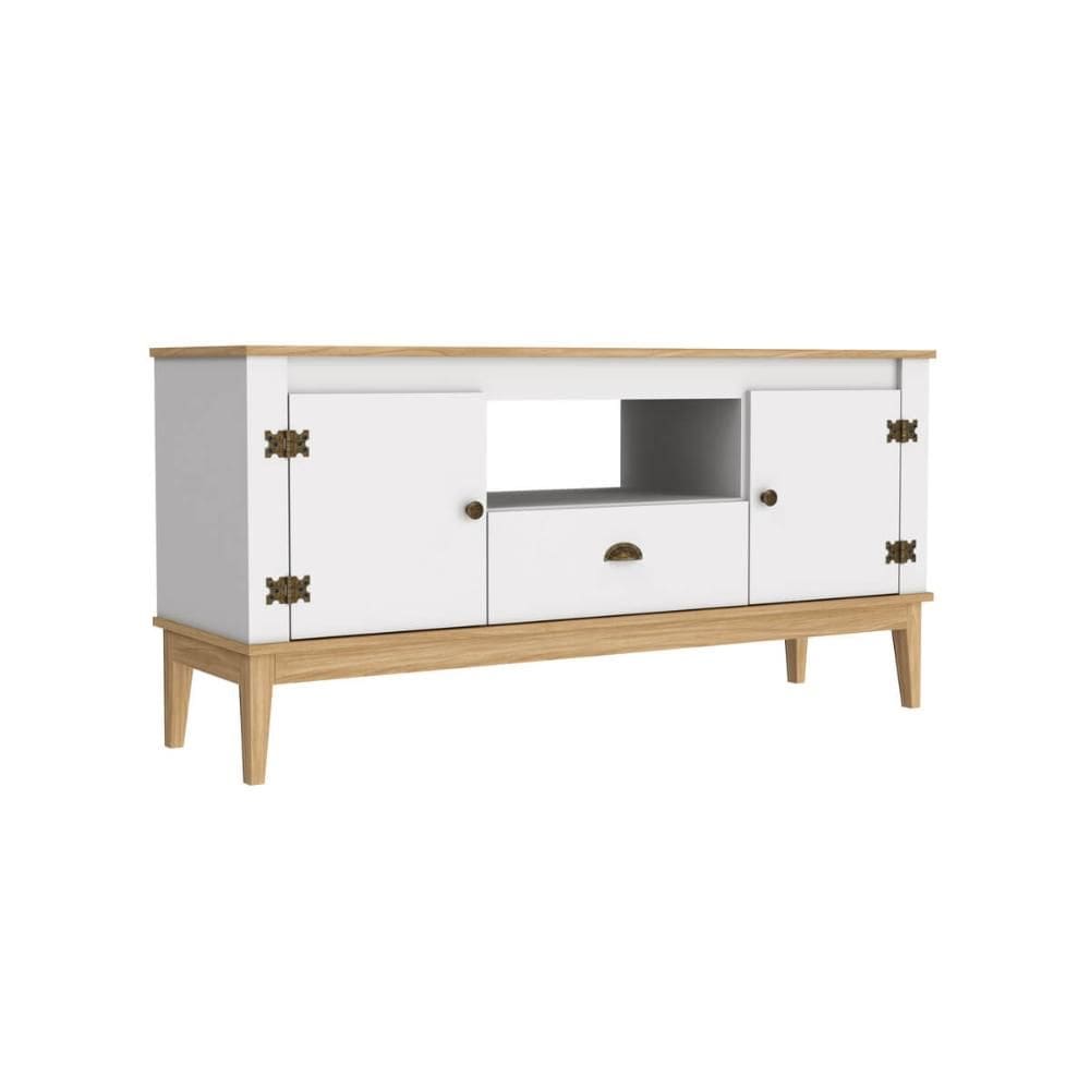Rack Colonial Mel e Branco com 2 Portas e 1 Gaveta para TVs